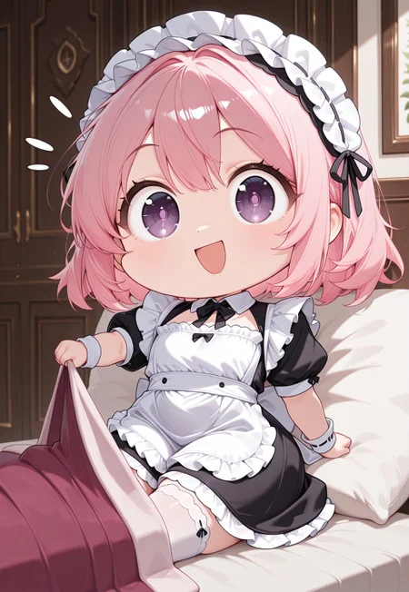 masterwork, masterpiece, best quality, hyper-detailed, 8k uhd, 1girl,solo, CivChan, pink hair, purple eyes, quality: masterpiece, extremely aesthetic, highly detailed, segs, chibi, open mouth, smile, english text, :d, looking at viewer, blanket, pillow, holding, maid,