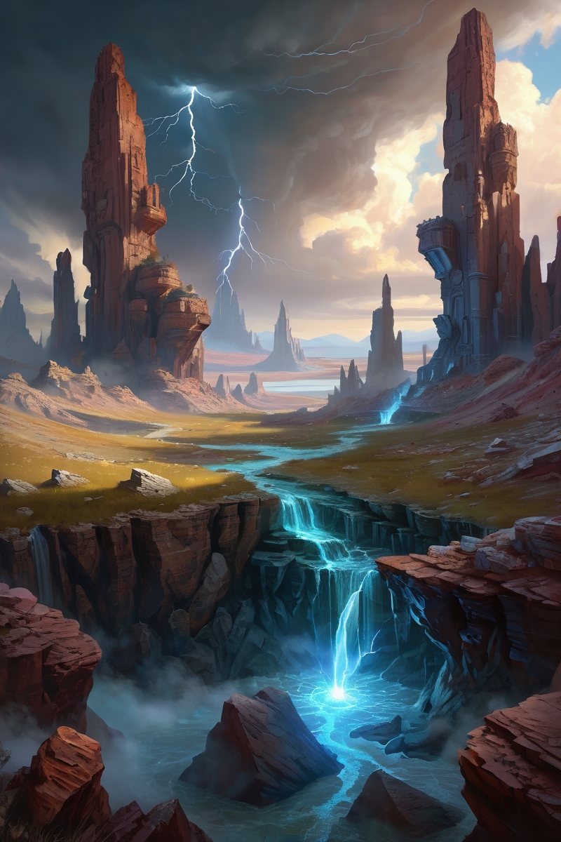petrified stone forest during storm, sandstone pillars ,divine battlegrounds littered with broken god-machines, where lightning-elementals reenact cosmic wars, frozen lake,  morning,weather steamy indoors cinematic view, epic sky, detailed, concept art, medium angle, high detail, warm lighting, volumetric, godrays, vivid, beautiful, trending on artstation, by James Gurney, huge scene, grass,flower, art greg rutkowski,