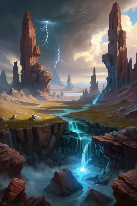 petrified stone forest during storm, sandstone pillars ,divine battlegrounds littered with broken god-machines, where lightning-elementals reenact cosmic wars, frozen lake, morning,weather steamy indoors cinematic view, epic sky, detailed, concept art, medium angle, high detail, warm lighting, volumetric, godrays, vivid, beautiful, trending on artstation, by James Gurney, huge scene, grass,flower, art greg rutkowski,