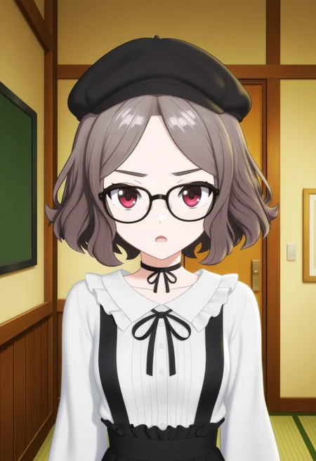 <lora:TOMO_v2_illustrious-000040:1>,(best quality:1.1),ultra-detailed,high resolution,super detailed skin,beautiful detailed eyes,8k,sharp focus,beautiful,beautiful eyes,anatomically correct,extremely detailed eyes,smooth edges,beautiful face,symmetrical eyes,
GBC_TOMO,1girl,solo,hat,black suspender skirt,black headwear,black-framed eyewear,shirt,short hair,white shirt,long sleeves,brown hair,open mouth,black ribbon,beret,ribbon,bow,neck ribbon,standing,choker,frills,indoors,red eyes,looking at viewer,wavy hair