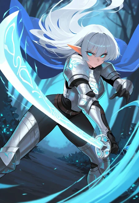 score_9, score_8_up, score_7_up, breathtaking, masterpiece, best quality, newest, absurdres, highres, embedding:lazypos, 1girl, solo, elf, long silver hair, glowing blue eyes, intricate silver armor, enchanted sword, battle-ready stance, flowing blue cape, delicate elven features, ornate pauldrons, magical runes, moonlit forest, mystical aura, soft ethereal glow, fantasy setting, detailed background, depth of field, dynamic pose, dramatic composition, foreshortening, detailed background, dynamic pose, dynamic composition,dutch angle, detailed backgroud,foreshortening,blurry edges, by saniiwan, by abbey and bear