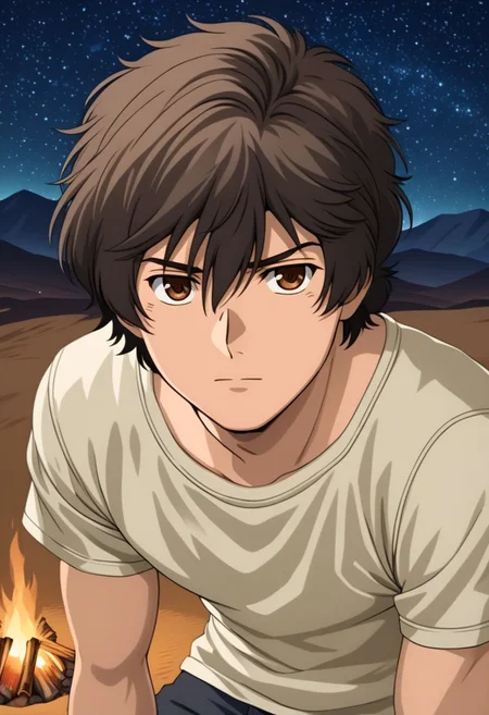 ASCII banagher_links, 1boy, male focus, solo, torn white undershirt, warm beige skin, brown hair, detailed anime torso,
detailed glossy reflective eyes, expressive eyes, big brown eyes, looking at the viewer,
sexy pose, in a desert at night, starry sky, campfire,
(close-up with upper torso: 1.3),
masterpiece, best quality, ultra high res, intricate detail, clamshell warm lighting