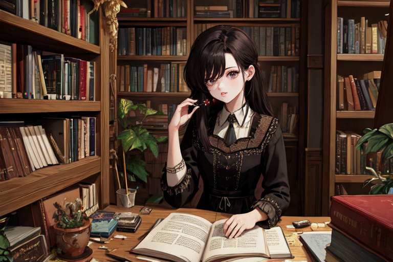 highly insanely detailed, masterpiece, top quality, best quality, highres, 4k, 8k, RAW photo, (very aesthetic, beautiful and aesthetic),  
(code_style,codestyle), 
<lora:CodeStyle (half generic class)_564920:0>, 
(1girl:1.3), 1other, 
The messy room filled with super cluttered plants and super cluttered books,âââ