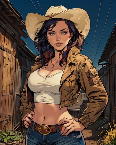 cowgirl, cute, young, pretty, american girl, wild west, western, cowboy-hat, jeans-pants, (open-jacket:1.1), tank top, (midriff, cleavage:1.2), belt, belt-buckle, sexy, (curvy, busty:1.3), farm background, state of Montana, epic, dynamic shadows, cinematic lighting, <lora:Neg_Weight_Lora_NoCAP_Final:-0.95>, sharp, clear, detailed, best quality, high quality, high resolution, best resolution, HD, HDR, 8K, masterpiece, masterwork, 2D digital artwork, crosshatching, flat colors, inked, vector illustration, dynamic shadows, epic, hand-drawn, by Jim Lee, <lora:detail_slider_v4:0.5>, <lora:colorify:0.55>