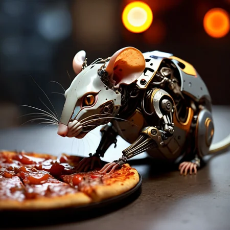 techmai robot rat on a slice of pizza <lora:techmai:1>