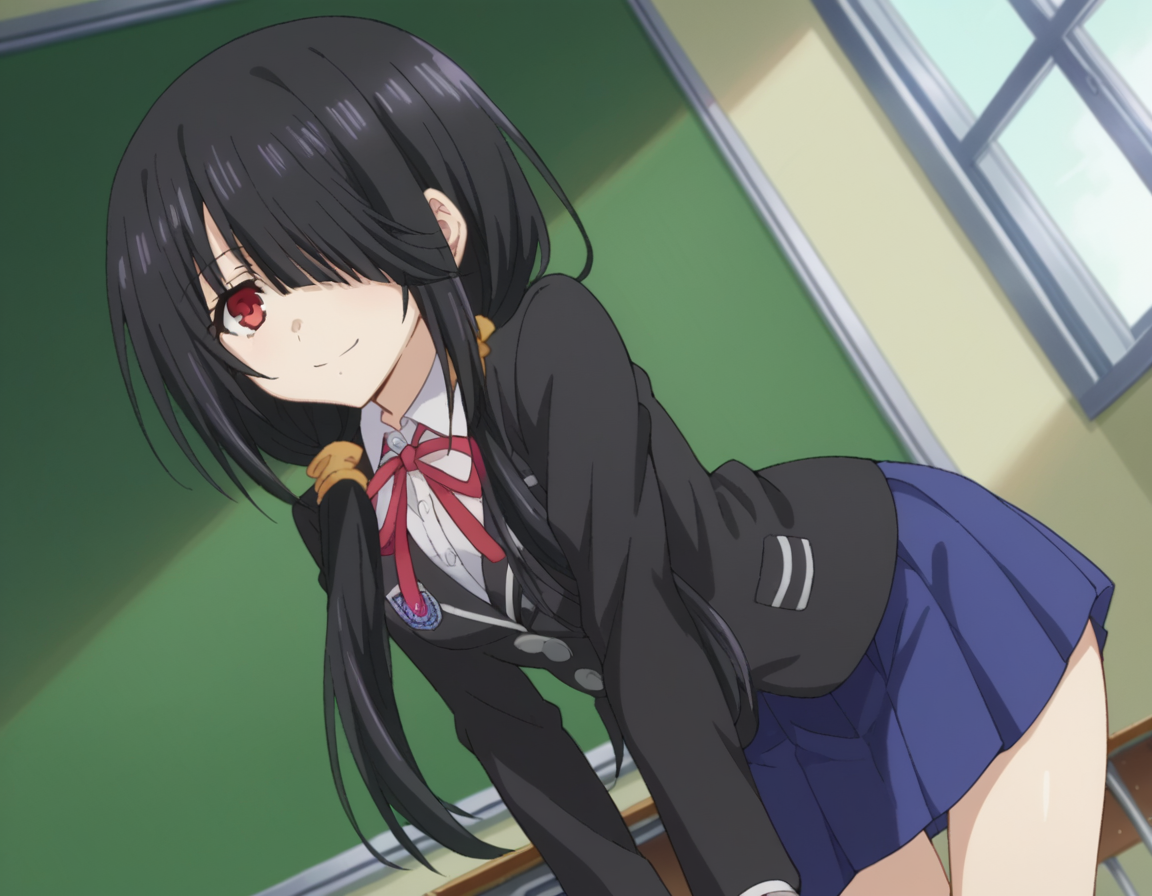 score_9, score_8_up, score_7_up, source_anime, 
kurumitokisaki, <lora:kurumi-tokisaki-ponyxl-lora-nochekaiser:1>, 
kurumi tokisaki school uniform, tokisaki kurumi, long hair, skirt, black hair, red eyes, long sleeves, ribbon, school uniform, jacket, pleated skirt, bag, hair over one eye, blue skirt, blazer, school bag, black blazer,
indoors, classroom, smile, bent over,
looking at viewer, cowboy shot, dutch angle,
