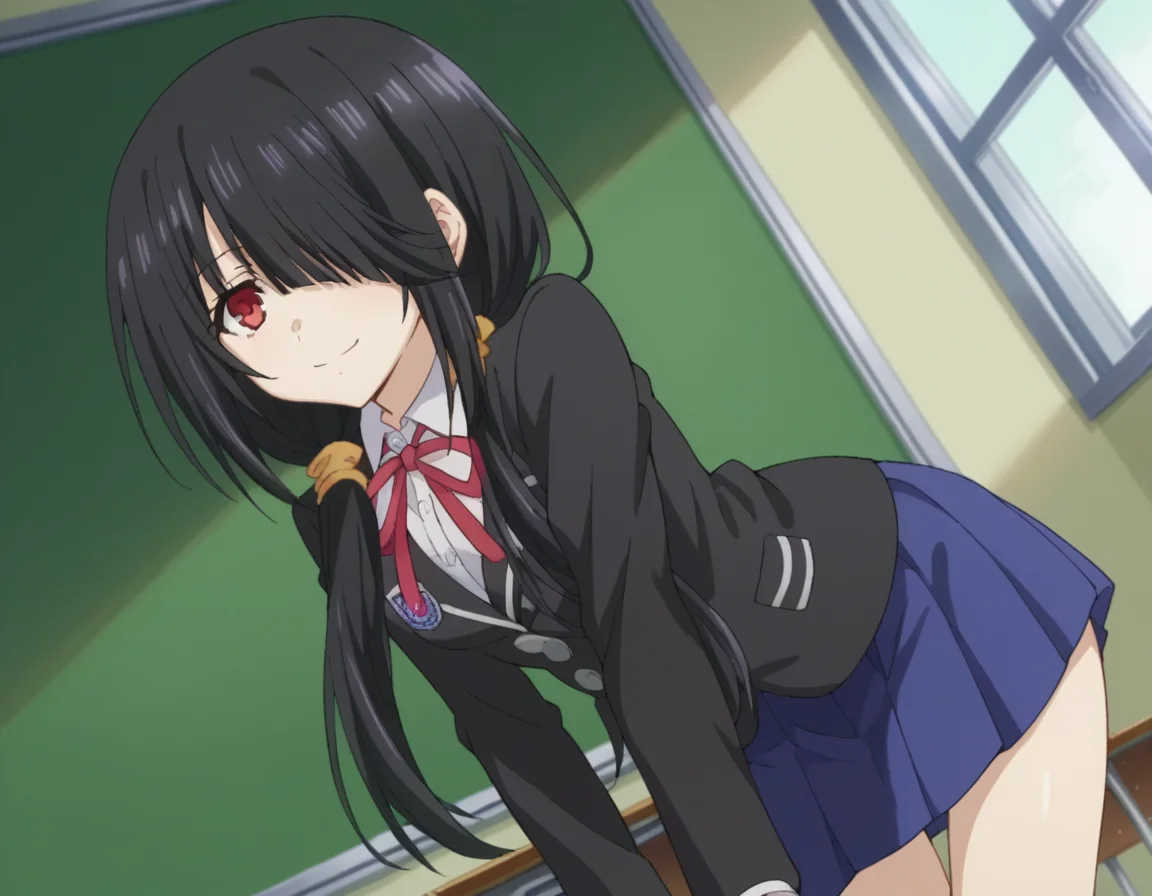 score_9, score_8_up, score_7_up, source_anime,
kurumitokisaki, <lora:kurumi-tokisaki-ponyxl-lora-nochekaiser:1>,
kurumi tokisaki school uniform, tokisaki kurumi, long hair, skirt, black hair, red eyes, long sleeves, ribbon, school uniform, jacket, pleated skirt, bag, hair over one eye, blue skirt, blazer, school bag, black blazer,
indoors, classroom, smile, bent over,
looking at viewer, cowboy shot, dutch angle,