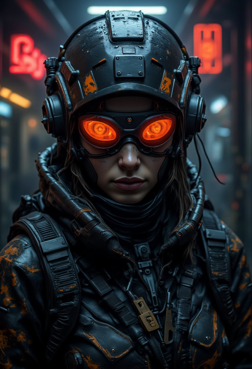 Dark and moody yfg-daak, Breathtaking cyberpunk female operative undercover in an exclusive high-tech neural club.