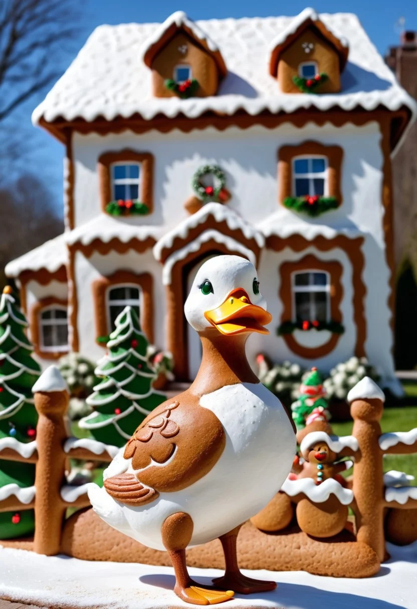 duck,summer ,in front of house.Christmas<lora:GingerbreadStyle_epoch_10:0.7>