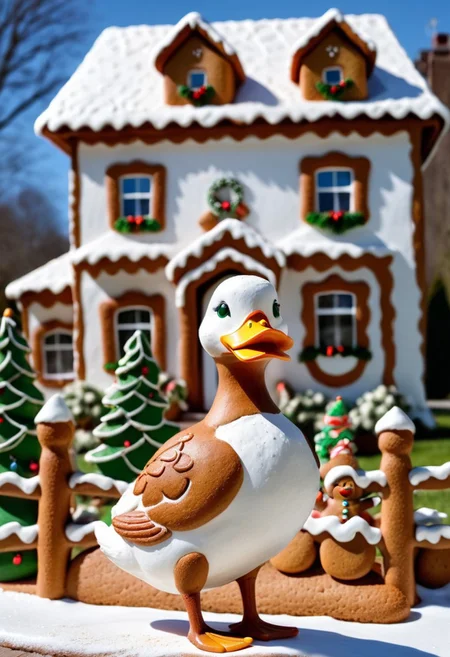 duck,summer ,in front of house.Christmas<lora:GingerbreadStyle_epoch_10:0.7>