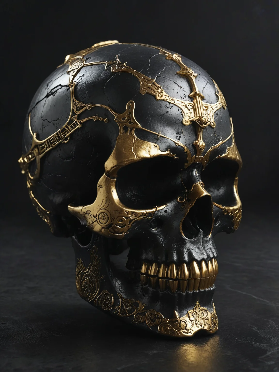 Imagine a skull-shaped cup adorned with intricate golden embellishments, Crafted from gleaming gold, ornate engravings cover its surface, <lora:Desolation:0.6>