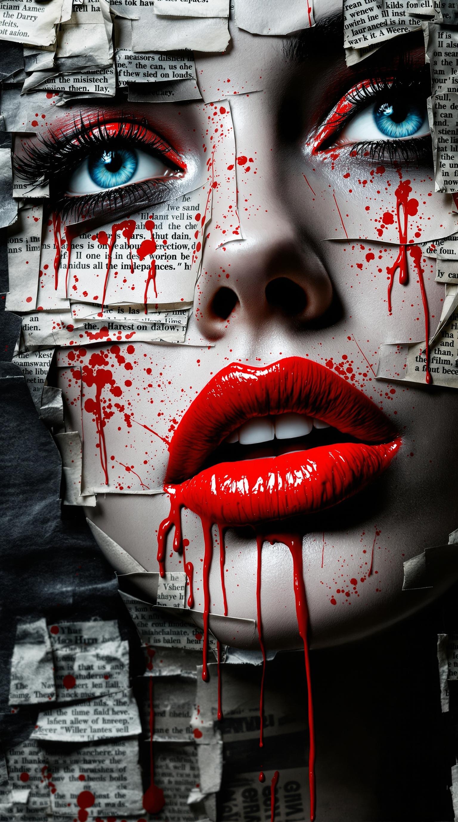 A dramatic, close-up portrait of a woman's face, rendered in stark, contrasting shades of deep black, pristine white, and vibrant scarlet.  Intricate fragments of aged, crinkled newspaper, subtly layered and textured, collage the surface of her face, particularly around her intense, captivating azure eyes and full, painted cardinal-red lips.  Red paint, thick and glistening, drips vividly from her lips, pooling onto the newspaper, and splatters across the paper in dramatic arcs, adding a dynamic, almost aggressive energy to the expression.  The underlying texture of the newspaper is meticulously rendered, showcasing its aged, uneven surface with subtle variations in tones of grey and beige.  Various print ink markings on the paper, including snippets of headlines and paragraphs, suggest snippets of a forgotten story; though the faded, blurred lettering remains largely indecipherable, hinting at a lost narrative.  The overall composition is a powerful visual statement, a vibrant and emotional interpretation of the woman's face, caught in a moment of profound intensity, against the backdrop of fragmented media.