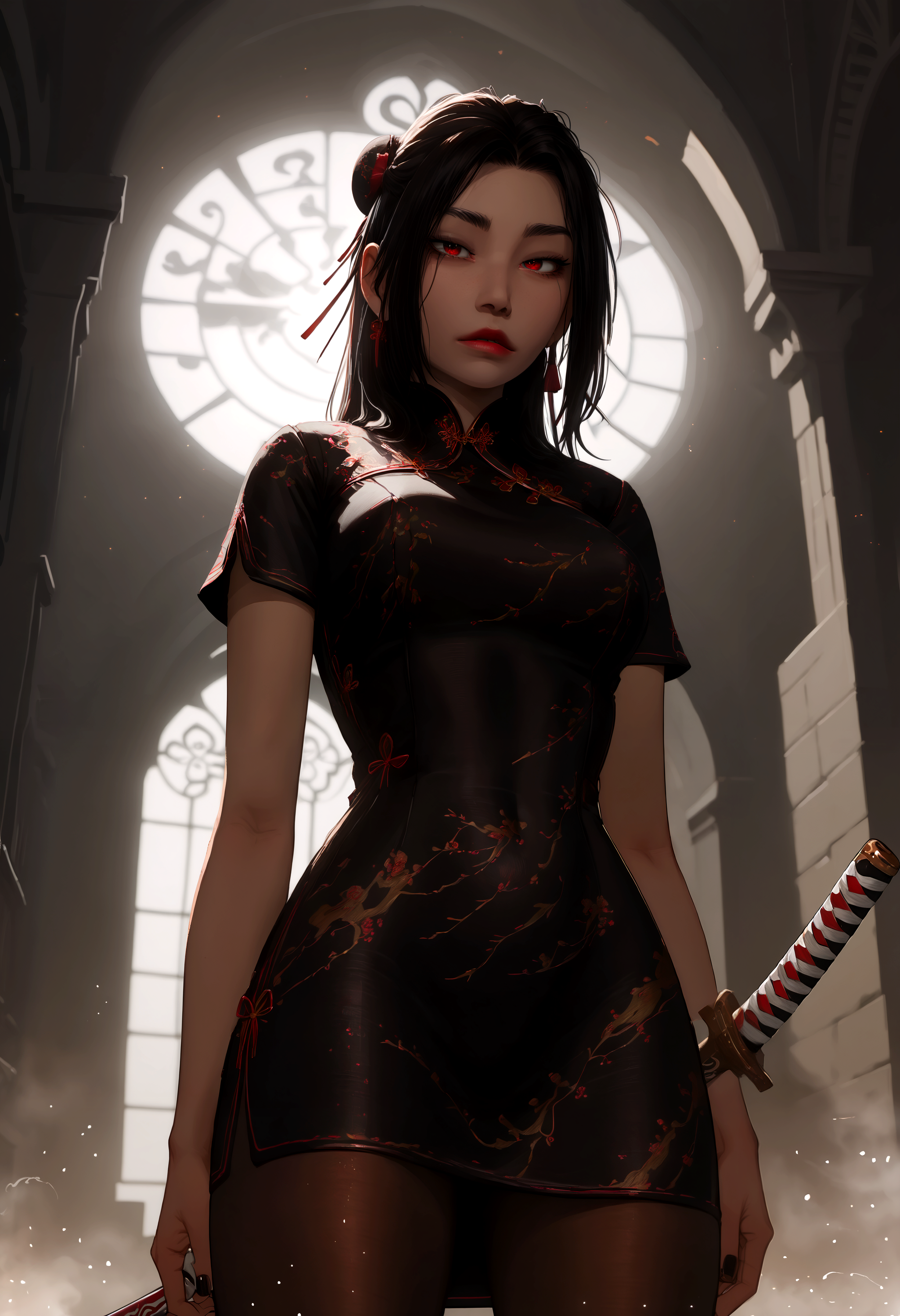 score_9, score_8_up, score_7_up, dramatic shadows, cinematic lighting, volumetric lighting, (light particles:1.3), backlighting, dappled light, light rays, from below, foreshortening, (close up:1.25), straight-on, 1girl,medium breasts,red eyes,red lips,black nails, long hair,black hair,ponytail,parted bangs, large breasts, curvy, thick, chinese clothes, china dress, short sleeves, short dress, black dress, brown pantyhose, ribbon, hair ribbon, hair bun, weapon on back, sheathed weapon, katana, flustered, in heat, half closed eyes, looking at viewer, inside, church, chapel, fog, smoke, (golden hour:1.25), warm lighting, (bokeh), beautiful scene, vibrant warm colors, Expressiveh, g0thicPXL, glowing, neon, <lora:ponyxl\KMS_Sicae_Yuna:0.8> <lora:ponyxl\Expressive_H-000001.safetensors:0.45>, <lora:ponyxl\g0th1cPXL.safetensors:0.35>, <lora:ponyxl\princess_pony_v1.safetensors:0.7>, <lora:ponyxl\incase_style_v3-1_ponyxl_ilff.safetensors:0.6>