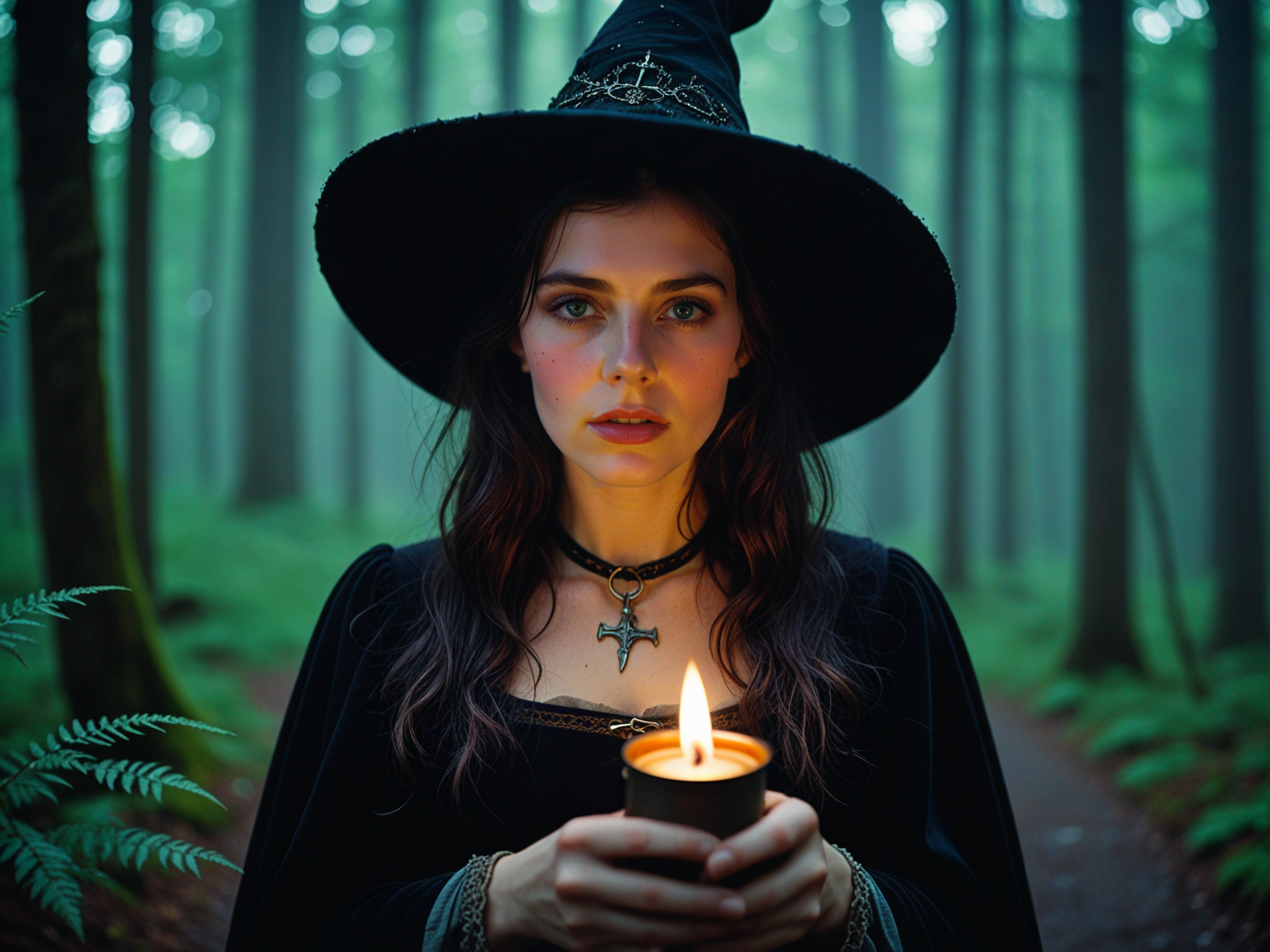 this Technicolor filmstill was shot with a 35mm Arriflex camera and an Angenieux 25-250mm f/3.2 lens. it shows a breathtakingly cute 25-year-old witch immersed in a mystical ambiance at night. She exudes dark power and allure while holding a candle in a medieval forest. The witch captivates with her mesmerizing eyes and irresistible aura, creating a scene brimming with enchantment and mystery.