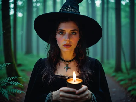 this Technicolor filmstill was shot with a 35mm Arriflex camera and an Angenieux 25-250mm f/3.2 lens. it shows a breathtakingly cute 25-year-old witch immersed in a mystical ambiance at night. She exudes dark power and allure while holding a candle in a medieval forest. The witch captivates with her mesmerizing eyes and irresistible aura, creating a scene brimming with enchantment and mystery.