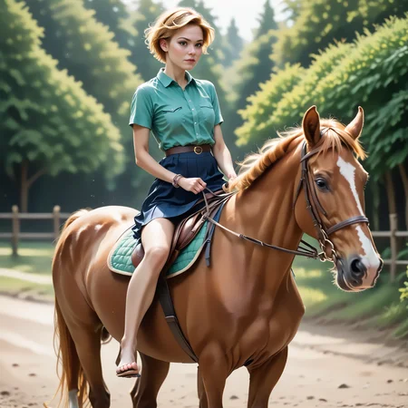 score_9, score_8_up, score_7_up, BREAK, RiHorse, front_view++ (slim 25yo female) riding a galloping horse. The female wears blue short skirt and green shirt. The female has short blonde hair <lora:RideHorsePony:.8>