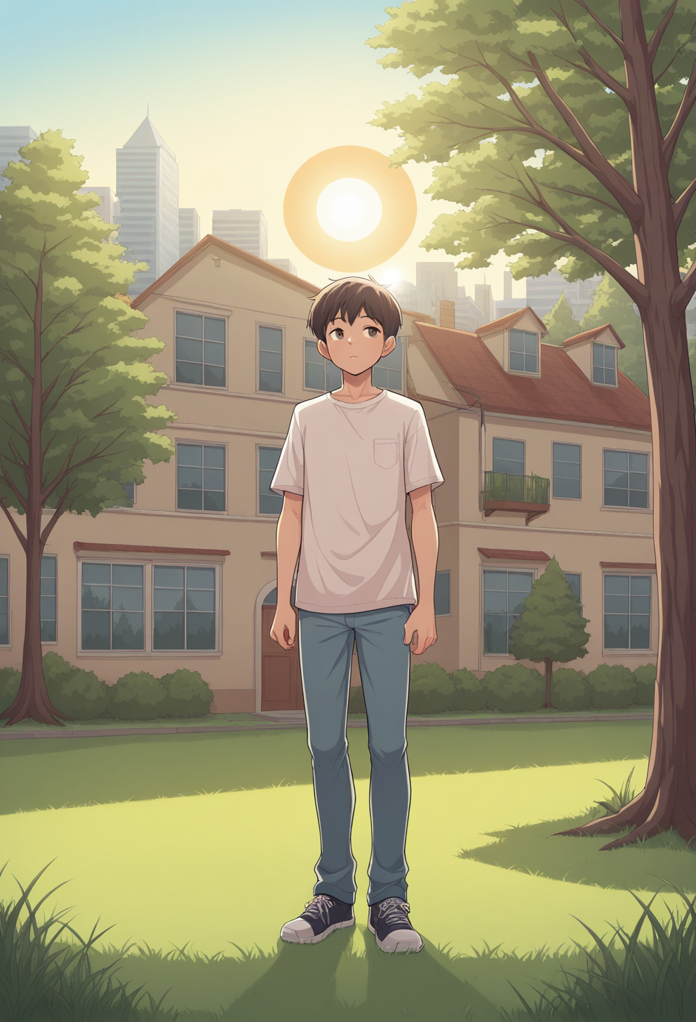 masterpiece, best quality, absurdres, j@b_style,
1boy, standing,
shirt, shoes, pants,
full_body,
building, window, grass, tree, sun, day,