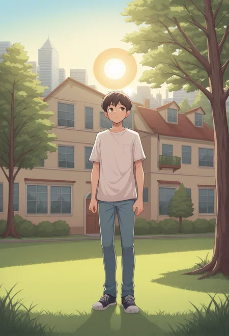masterpiece, best quality, absurdres, j@b_style,
1boy, standing,
shirt, shoes, pants,
full_body,
building, window, grass, tree, sun, day,