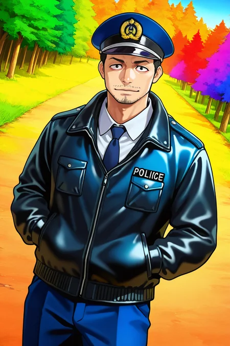 perfect anatomy, perfect proportions, best quality, masterpiece, high_resolution, high quality, best aesthetic, incredibly absurdres, highres, extremely detailed, huge filesize, mature, masculine, manly, virile, handsome, charming, alluring, bara, male focus, solo male, cowboy shot, dutch angle, source_manga \(Gannibal\), official style \(Gannibal\),  Agawa Daigo \(Gannibal\), GNBAgawa, black hair, short hair, black eyes, facial hair, stubble, GNBAgawa_Outfit02, policeman, police uniform, Japanese police uniform, dark blue police peaked cap, white collared shirt, dark blue necktie, black leather jacket, dark blue pants, looking at viewer, rural, pastoral, forest, creep, suspense, horror, manga, manga brushwork style, traditional drawing,  (colored image, colour, colorful:1.5)