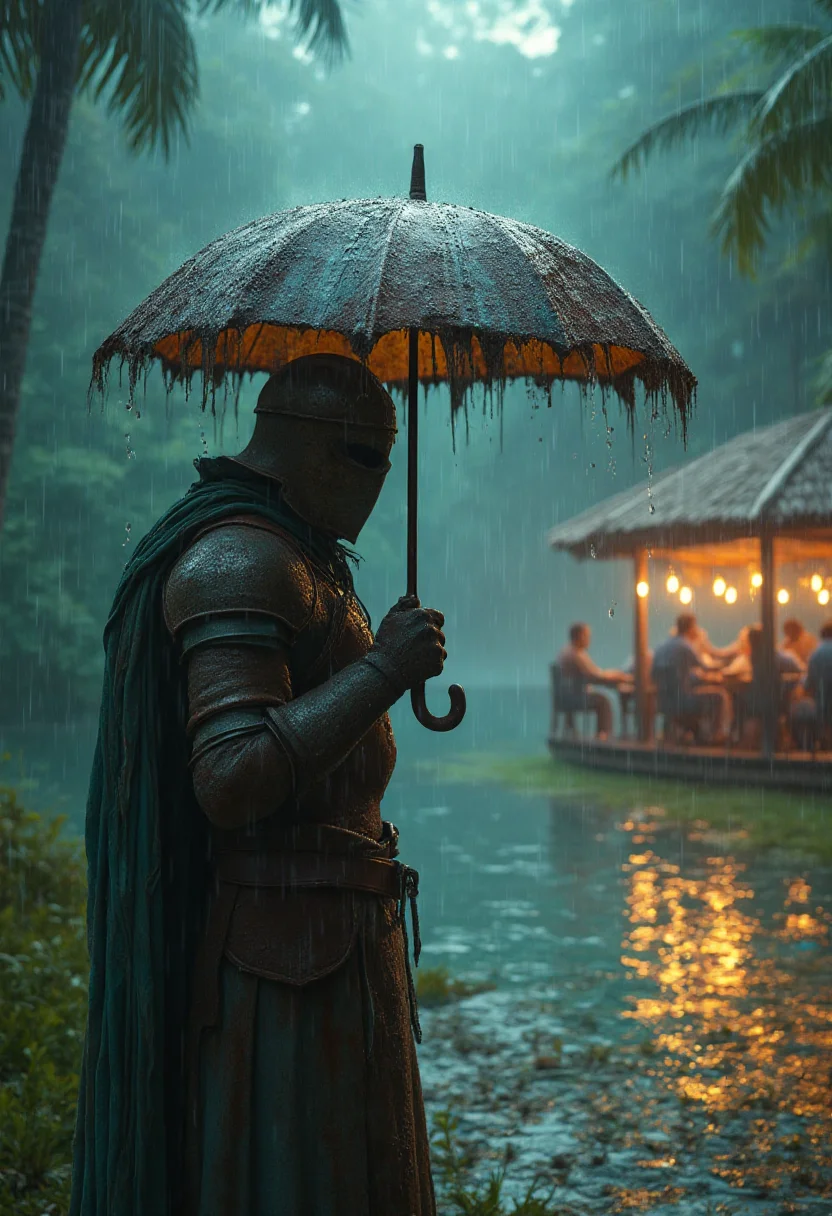 A medieval knight, weathered by time and neglect, stands alone on a lush island surrounded by turquoise waters, as a torrential downpour pounds against the umbrella he holds over his head. Water drips from the brim, and rain splashes off his rusty armor, revealing glimpses of the steel beneath.
Before him, a group of revelers in modern attire huddle under a brightly lit gazebo, laughing and chatting as they enjoy their work party. They're all dry and warm, oblivious to the storm raging outside. The stark contrast between the knight's forlorn state and the joyful scene creates an intriguing atmosphere.
In the background, palm trees sway gently in the wind, their leaves rustling softly. A few stray raindrops cling to the gazebo's edges, creating miniature rivulets that trickle down into the surrounding grass. The overall mood is one of whimsical discordance – a knight from a bygone era struggling against the elements, while those around him bask in comfort and camaraderie.
Art style: Whimsical, fantastical realism with an emphasis on atmospheric contrast. The knight's rusty armor should be weathered to an attractive, aged patina, emphasizing his connection to history.
