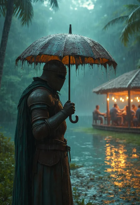 A medieval knight, weathered by time and neglect, stands alone on a lush island surrounded by turquoise waters, as a torrential downpour pounds against the umbrella he holds over his head. Water drips from the brim, and rain splashes off his rusty armor, revealing glimpses of the steel beneath.
Before him, a group of revelers in modern attire huddle under a brightly lit gazebo, laughing and chatting as they enjoy their work party. They're all dry and warm, oblivious to the storm raging outside. The stark contrast between the knight's forlorn state and the joyful scene creates an intriguing atmosphere.
In the background, palm trees sway gently in the wind, their leaves rustling softly. A few stray raindrops cling to the gazebo's edges, creating miniature rivulets that trickle down into the surrounding grass. The overall mood is one of whimsical discordance – a knight from a bygone era struggling against the elements, while those around him bask in comfort and camaraderie.
Art style: Whimsical, fantastical realism with an emphasis on atmospheric contrast. The knight's rusty armor should be weathered to an attractive, aged patina, emphasizing his connection to history.