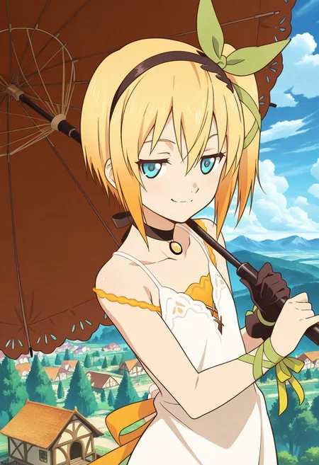 detailed eyes, beautiful, detailed background, perfect eyes,
source_anime, very aesthetic, anime coloring,
<lora:HandFineTuning_XL:1>
BREAK,
village, trees,
cowboy shot, flat chest,
BREAK,
<lora:edna_illustrious_v01:0.9>
short hair, blonde hair, multicolored hair, orange hair, blue eyes, hair between eyes, source anime, score 9, white dress, sleeveless dress, bow hairband, hair bow, hair ribbon, umbrella, ednabase, side ponytail, smirk, jitome, single glove, wrist ribbon,