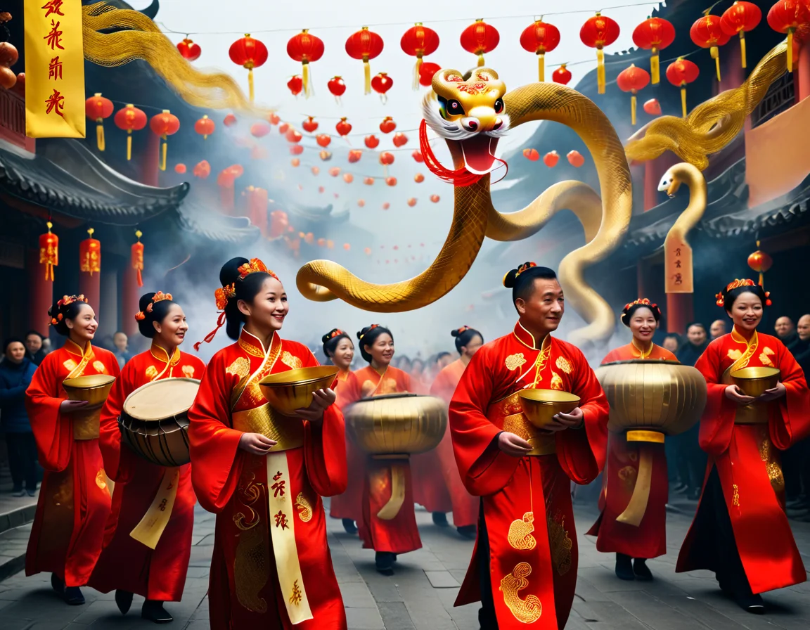 	In the magic of the Chinese New Year 2025, the Year of the Snake emerges in splendor. The streets are adorned with golden streamers, symbols of wisdom and renewal. Dancers in shimmering costumes weave to the beat of drums, while incense fills the air. Families exchange red envelopes, hoping for luck and prosperity, celebrating a radiant future together