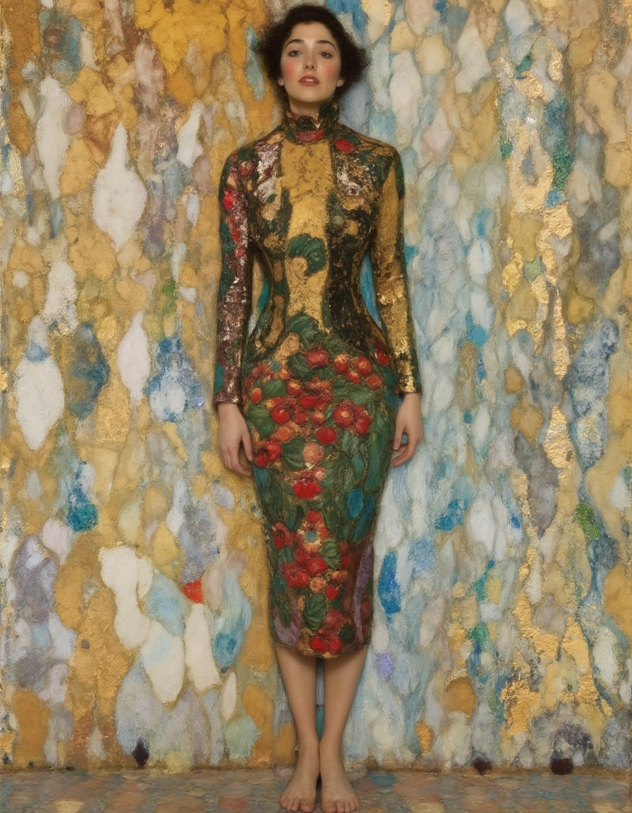painting in gustavklimt style of a brunette woman with green eyes wearing turtleneck bodycon dress, she is slightly turned away from viewer, surprise expression, full body, bare feet, simple background, by gustav klimt,
extremely detailed,