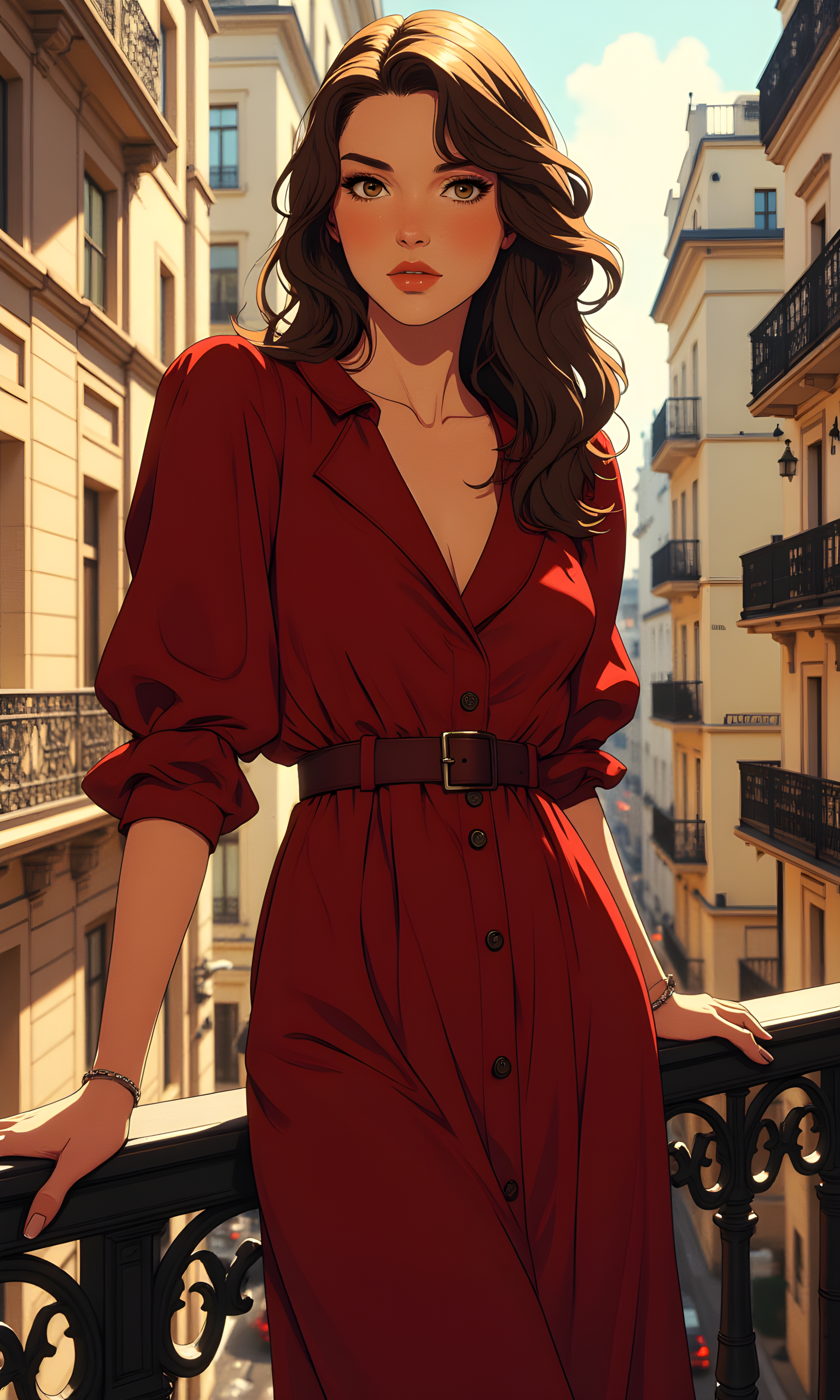 A woman with long, straight brown hair. She has a poised and elegant demeanor, standing on a balcony with a cityscape in the background.
Her facial expression is serene and composed. Her gaze is directed slightly to the side, giving an air of contemplation or thoughtfulness. The soft lighting enhances her features, adding to the overall calmness of the image.
She is standing with one hand resting on the balcony railing and the other hand lightly touching the railing. Her posture is upright and graceful, with her weight evenly distributed. The way she leans against the railing adds a sense of ease and naturalness.
She is wearing a deep red, button-up dress with a V-neckline and puffed sleeves. The dress is cinched at the waist with a matching belt, creating a flattering silhouette. The color of the dress is bold and eye-catching, making her stand out against the neutral tones of the background.
The camera is positioned at eye level, capturing the woman from a frontal perspective. This angle allows for a clear view of her face and upper body, emphasizing her pose and attire. The framing focuses on her, with the background serving as a complementary element.
The lighting in the image is soft and diffused, likely from natural daylight. The light highlights her features and the details of her clothing, creating gentle shadows that add depth and dimension. The interplay of light and shadow enhances the texture of the dress and the smoothness of her skin.
The background features a cityscape with tall buildings and balconies. The architecture is classic and ornate, with intricate details visible on the facades. The blurred effect of the background helps keep the focus on the subject while still providing context.
The composition is well-balanced, with the woman centered in the frame. The balcony railing serves as a strong horizontal element, leading the viewer's eye towards the subject. The overall composition captures a moment of quiet elegance in an urban setting, with the subject's pose and expression drawing the viewer in.
BREAK anime, d13s3lp2nk, bboil artist style, OBdonman, Anime art, <lora:FLUX\Anime Art V3:0.2>, <lora:FLUX\Synesthesia:0.2>, <lora:FLUX\RetroAnimeS1.1:0.5>, <lora:FLUX\Flux-jijia:0.1>, <lora:FLUX\It's a LoRA for portraits, BUT! actually specialized in backgrounds. v1.0:0.1>, <lora:FLUX\GLSHS:0.2>, <lora:FLUX\Dieselpunk Delight - s0_9 g4:0.4>, <lora:FLUX\OBdonman, anime0style portrait:0.1>