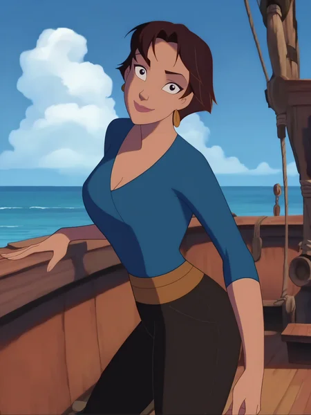 score_9, score_8_up, score_7_up, 1girl, leaning forward, dynamic pose, light smile, looking at viewer, on boat, ocean, cowboy shot, cute pose, from side,
<lora:ASinbadMarina_character:1>, MarinaXLP, short hair, makeup, brown hair, black eyes, earrings, pants, blue shirt, cleavage, sarashi, anime screencap,