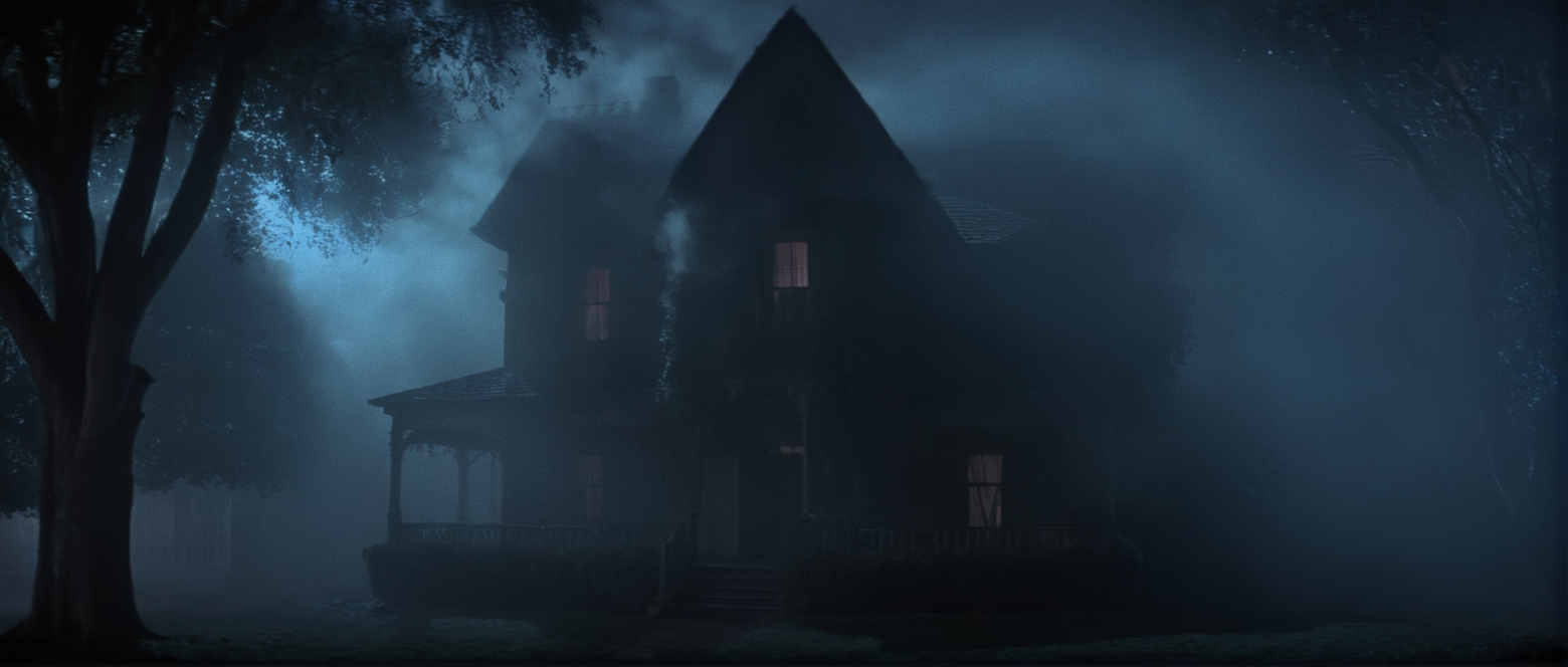 cinematic film still of  <lora:Fright Night 1985 style v2:1>
In the 1980's Cinematic Wide Shot Film Footage captured by Panavision Cameras and Lenses,a creepy looking house with a huge scary Creature Fog face above it staring at camera,Fright Night 1985 Film Style,outdoors,sky,teeth, ghost, cloud,tree,no humans,night,moon,night sky,full moon,monster,house , horror themed, dark themed, low key light, dramatic light, dramatic shadow light, contrast, cinematic color, cinematic look, filmic, realistic, realism, perfection, perfect, Kodak, Kodak film, movie still, Fright Night 1985 style, Fright Night Film style, shallow depth of field, vignette, highly detailed, high budget, bokeh, cinemascope, moody, epic, gorgeous, film grain, grainy