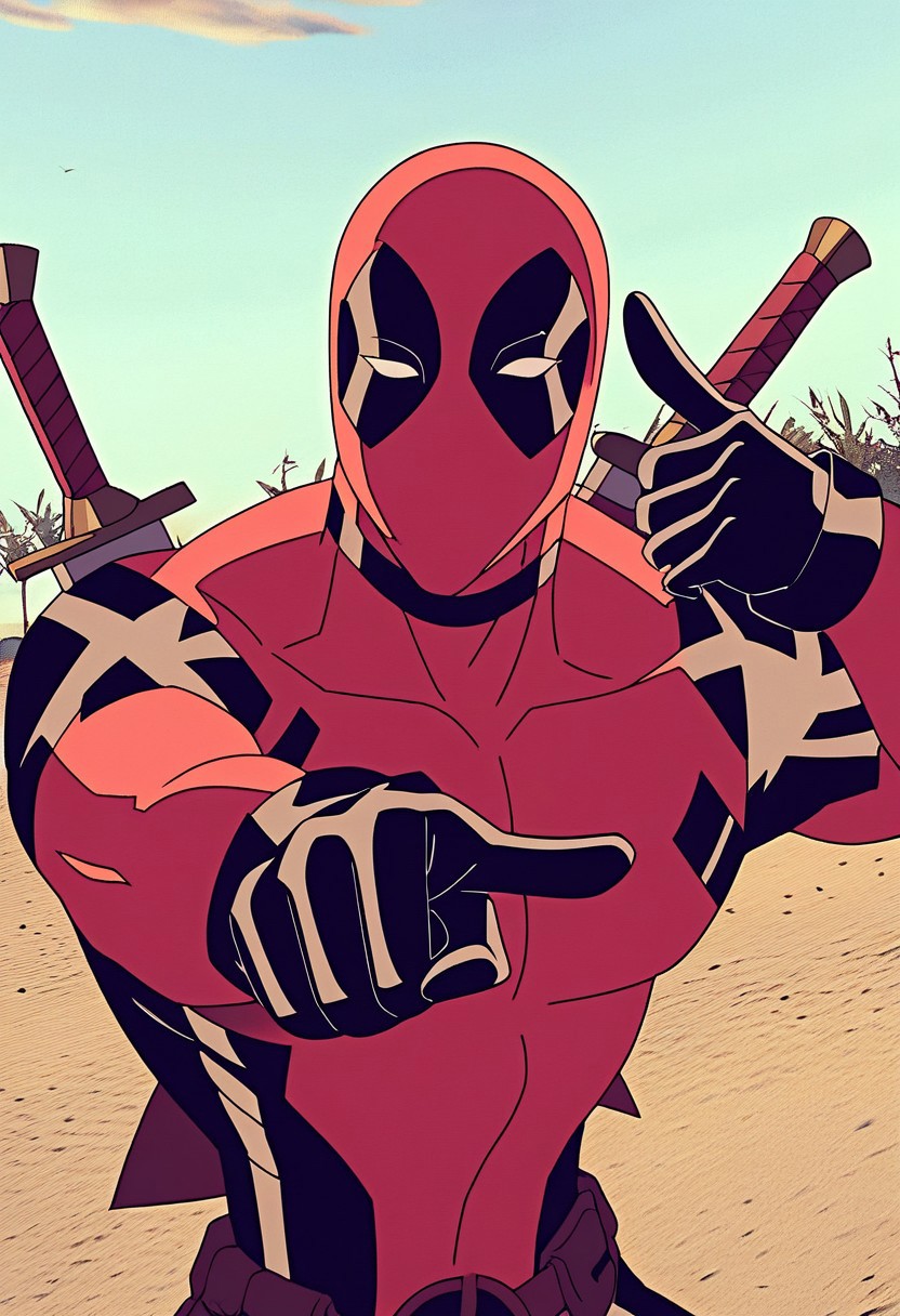 score_9, score_8_up, score_7_up,1 male,animated superhero styleflat colors,thick outlines,western cartoon, upper body, close up, pointing at viewer
   , masterpiece, beautiful,solo, 1male, Ultideadpool,,  red-and-black tactical suit, skintight, black padding on shoulders,black gloves,muscular build, red mask,  black and white eye patches on mask, standing, battle pose, outdoor,