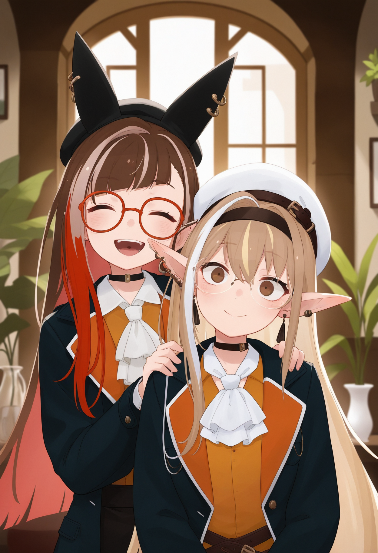masterpiece,best quality,amazing quality,
multiple girls, 2girls, pointy ears, glasses, closed eyes, white hair, hairband, smile, animal ears, blonde hair, multicolored hair, open mouth, ascot, long hair, brown hair, choker, hat, plant, white ascot, two-tone hair, earrings, brown eyes, jewelry, bangs, indoors, streaked hair, black choker, red hair, jacket,
 <lora:Rawell-000008:1>