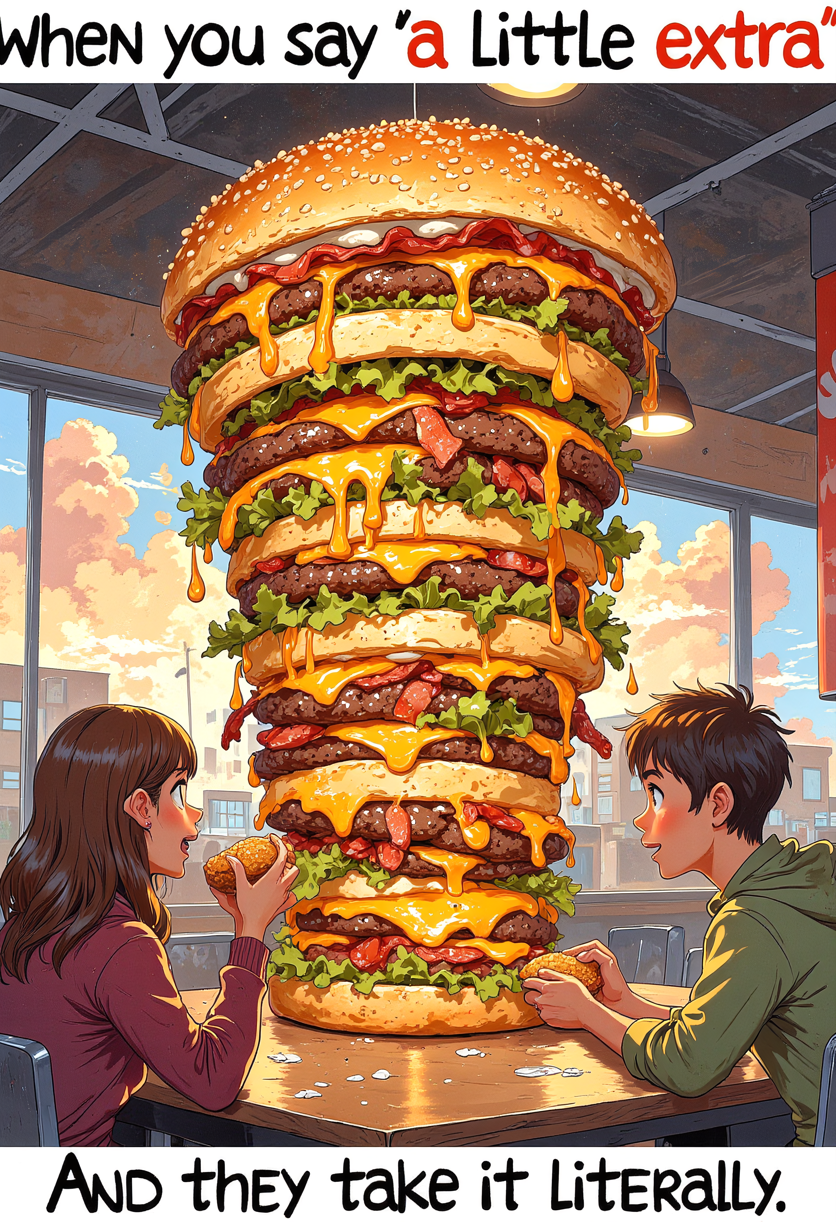 A cartoonishly tall cheeseburger with dozens of layers of cheese, bacon, lettuce, and sauce spilling out. A wide-eyed person with a shocked expression sits across from it at a fast-food restaurant, holding a small burger with just one patty."
Text:
Top text: "When you say 'a little extra'"
Bottom text: "And they take it literally"