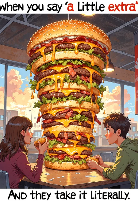 A cartoonishly tall cheeseburger with dozens of layers of cheese, bacon, lettuce, and sauce spilling out. A wide-eyed person with a shocked expression sits across from it at a fast-food restaurant, holding a small burger with just one patty."
Text:
Top text: "When you say 'a little extra'"
Bottom text: "And they take it literally"