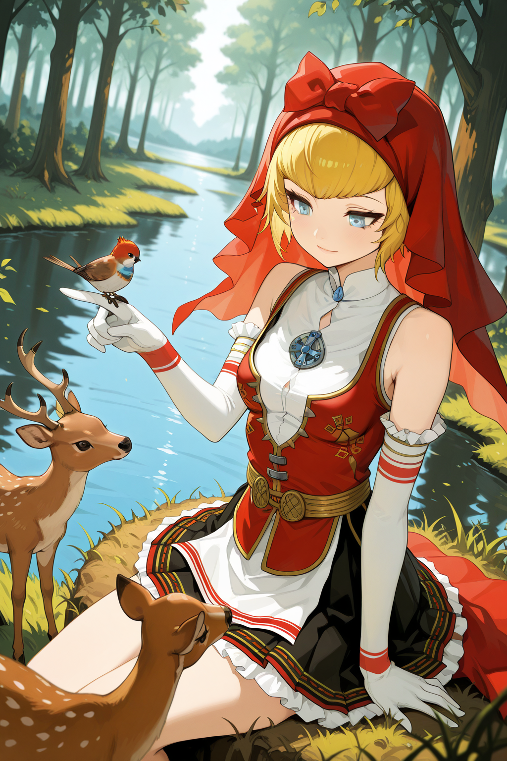 1girl,
IdunnShinMegamiTensei,
general, solo, perspective, dutch angle, upper body,
short hair, blonde hair, detailed eyes,
red hood, elbow gloves, 
skirt,
looking at object, light smile, sitting, index finger raised,
bird on hand,
arm support,
depth of field, fantasy, forest, grass, deer, lake,
<lora:kp_IdunnShinMegamiTenseiIllustrious_v1_0:1.0>,
masterpiece, best quality, amazing quality