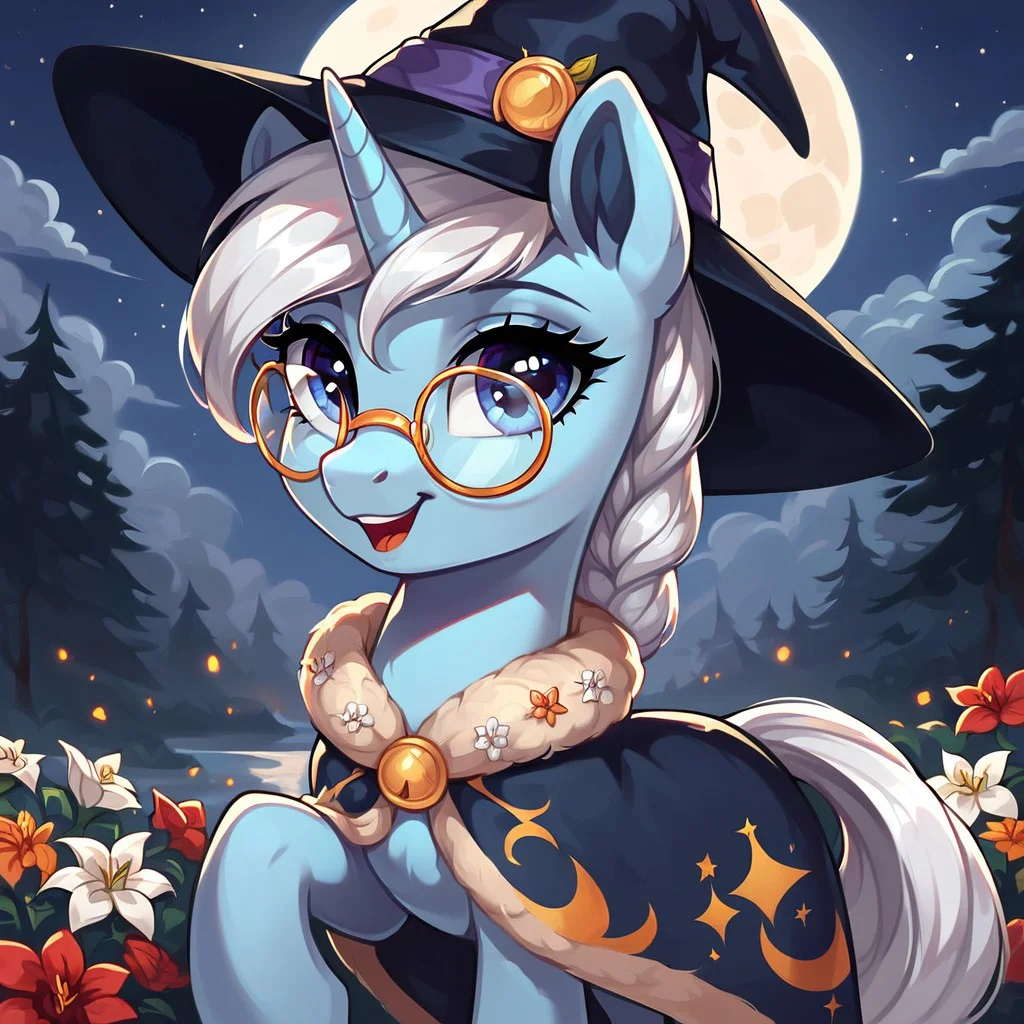 masterpiece, score_9, score_8_up, score_7_up, (best quality:1.1), ultra-detailed, high resolution, 1character, River Swirl, unicorn pony, light blue skin, fluffy pony ears, horn, black and white mane, feral, female, mare, witch costume, witch hat, (((beautiful detailed kornflower blue eyes))), round glasses, looking at you, long eyelashes, outdoors, Long eyelashes, Highly Visible, (((8k))), from Equestria at War, grimdark, night, moon in the sky, sharp focus, perfect lighting, beautiful eyes, detailed outfit, anatomically correct, extremely detailed, shine on body, high detail, cute face, happy facial expression, Expressiveh, detailed background, OverallDetail, zPDXL2