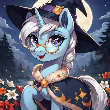 masterpiece, score_9, score_8_up, score_7_up, (best quality:1.1), ultra-detailed, high resolution, 1character, River Swirl, unicorn pony, light blue skin, fluffy pony ears, horn, black and white mane, feral, female, mare, witch costume, witch hat, (((beautiful detailed kornflower blue eyes))), round glasses, looking at you, long eyelashes, outdoors, Long eyelashes, Highly Visible, (((8k))), from Equestria at War, grimdark, night, moon in the sky, sharp focus, perfect lighting, beautiful eyes, detailed outfit, anatomically correct, extremely detailed, shine on body, high detail, cute face, happy facial expression, Expressiveh, detailed background, OverallDetail, zPDXL2