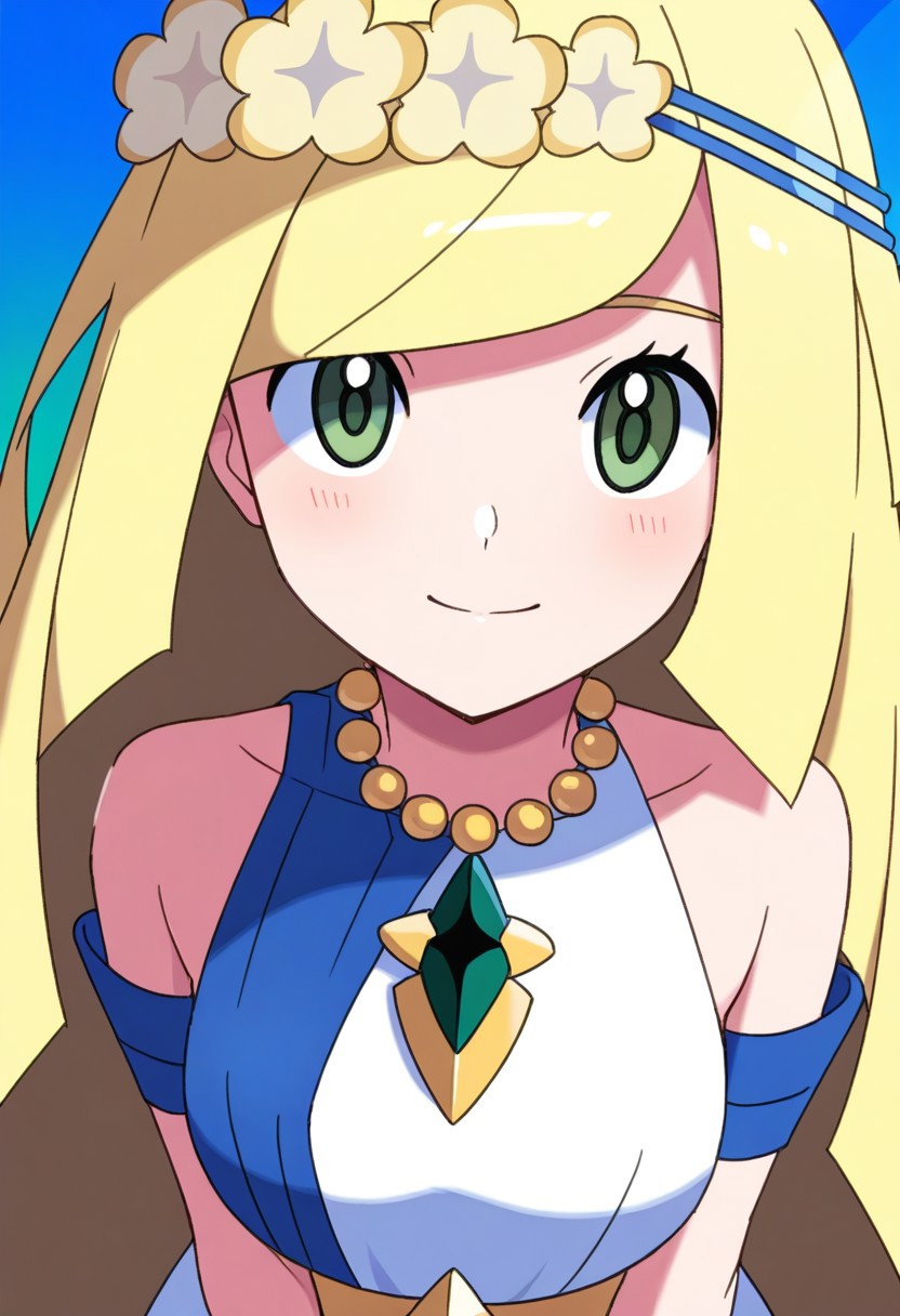 2d, masterpiece, best quality, amazing quality, 1girl, solo, close-up, standing, smile, upper body, leaning_forward, looking at viewer, multicolored background, sparkle, gradient background, colorful background, green background, blue background, lusamine \(pokemon\), blonde hair, green eyes, flower wreath, head wreath, bead necklace, sleeveless dress, (blue dress), [white dress], bare shoulders, armlet, bracelet