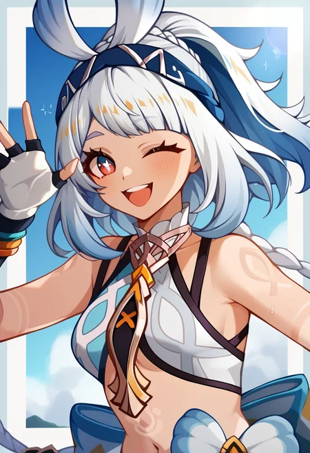 score_9,score_8_up,score_7_up,<lora:mualani_(genshin_impact)_v2:1>,1girl, medium_breasts, blue_hairband, mualani_\(genshin_impact\), dark_skin, one_eye_closed, highres, commentary_request, navel, looking_at_viewer, blue_border, white_gloves, open_mouth, solo, stomach, midriff, smile, fingerless_gloves, ;d, bare_shoulders, outside_border, crop_top