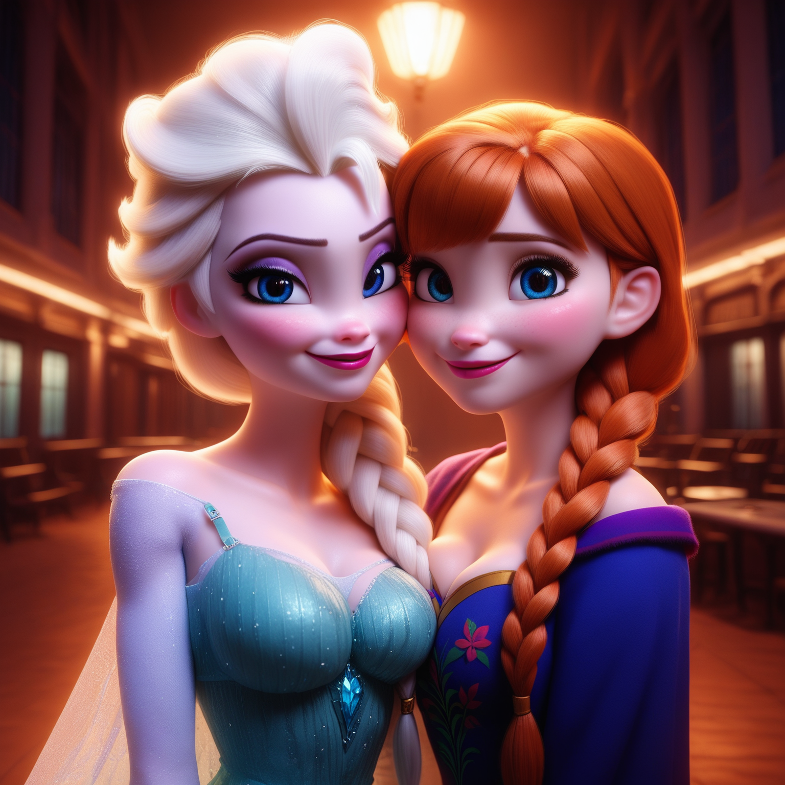 [score_9, score_8_up, score_7_up, score_6_up,realitic, indoor,Starbucks,disney style,2girls is kissing,boobs to boobs,looking at viewer,Embrace,together,pretty face,anna,elsa,<lora:Anna-Elsa-Dalle3-2:0.8>,<lora:Photo 2 Style SDXL_LoRA_Pony Diffusion V6 XL:0.7>]
2girl,elsa,cute,(green nightgown:1.2) ,
2girl,anna have 2 braid,cute face,