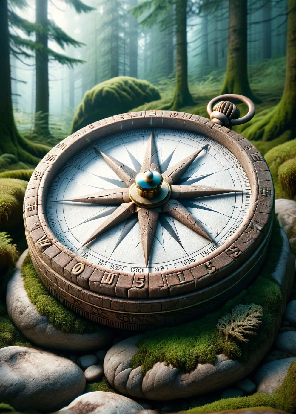 An ais-rghhwn ancient compass lying on a moss-covered rock, with a dense, foggy forest stretching out behind it <lora:ais-rghhwn-sdxl:1>