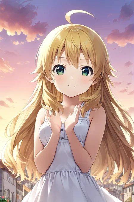 hoshii_miki, 1girl, solo,petite,long hair, blonde hair, green eyes,ahoge,medium breasts,close up,standing,looking at viewer,flowerhands,white dress, Make flower shape with both hands, open palms,incoming,upperbody,smile,cloud,sunset,town,wind<lora:Hoshii_Miki:0.7> <lora:better skin typeB-v1:0.7> <lora:XDetail_light:1>masterpiece,best quality,source anime
 <lora:negativeXL_D:1> <lora:_sdxl-flowerhands:0.7>