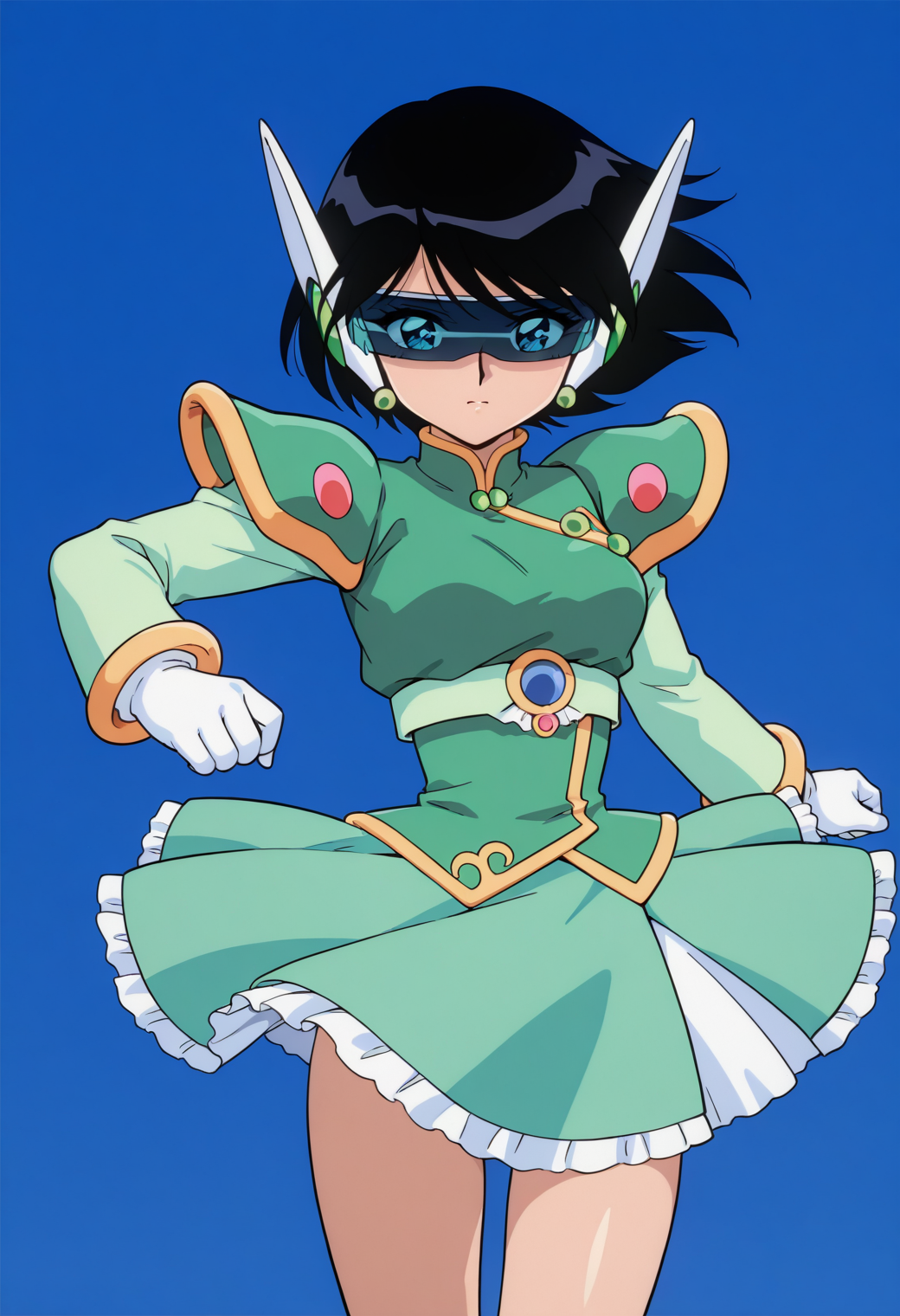 masterpiece, best quality, very aesthetic, absurdres, 1girl, solo,
<lora:corrector_ai_wind_v01:0.9>, corrector_ai, wind_element_suit, black hair, short hair, head-mounted display,
magical girl, robot ears, shoulder armor, green dress, jewelry, long sleeves, white gloves, green skirt, posing