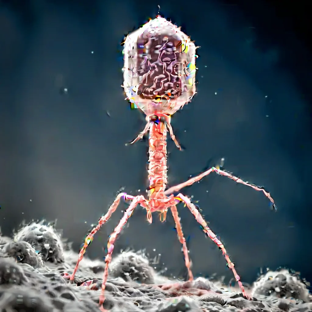 <lora:Phage_XL-000014:1> phage, grayscale, attacking bacteria