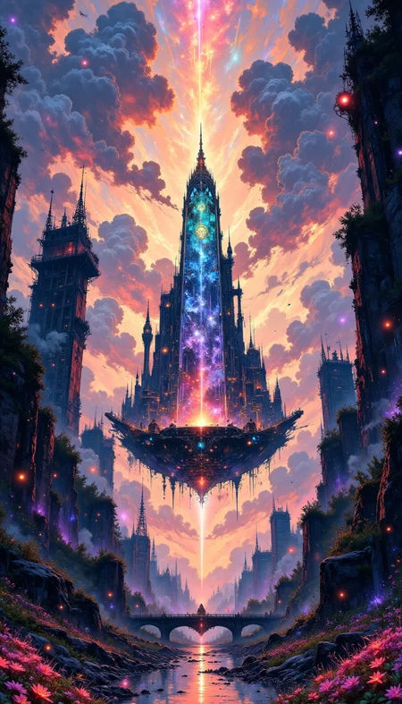 pinkdarkcanvas, (bo-exporure, double exposure: 1.1), 
A radiant metropolis sculpted entirely from translucent, iridescent crystal, basking in the ever-changing hues of a sky locked in an eternal sunrise. Towering spires refract beams of soft, pastel light, painting the air with shifting rainbows. Elevated walkways crafted from shimmering glass connect buildings that seem to hum with quiet energy. The streets are lined with floating gardens, each blossom pulsing with a gentle bioluminescent glow. At the city's heart, a massive crystal obelisk levitates, its surface etched with glowing, ever-evolving symbols that shape the very fabric of the world around it.