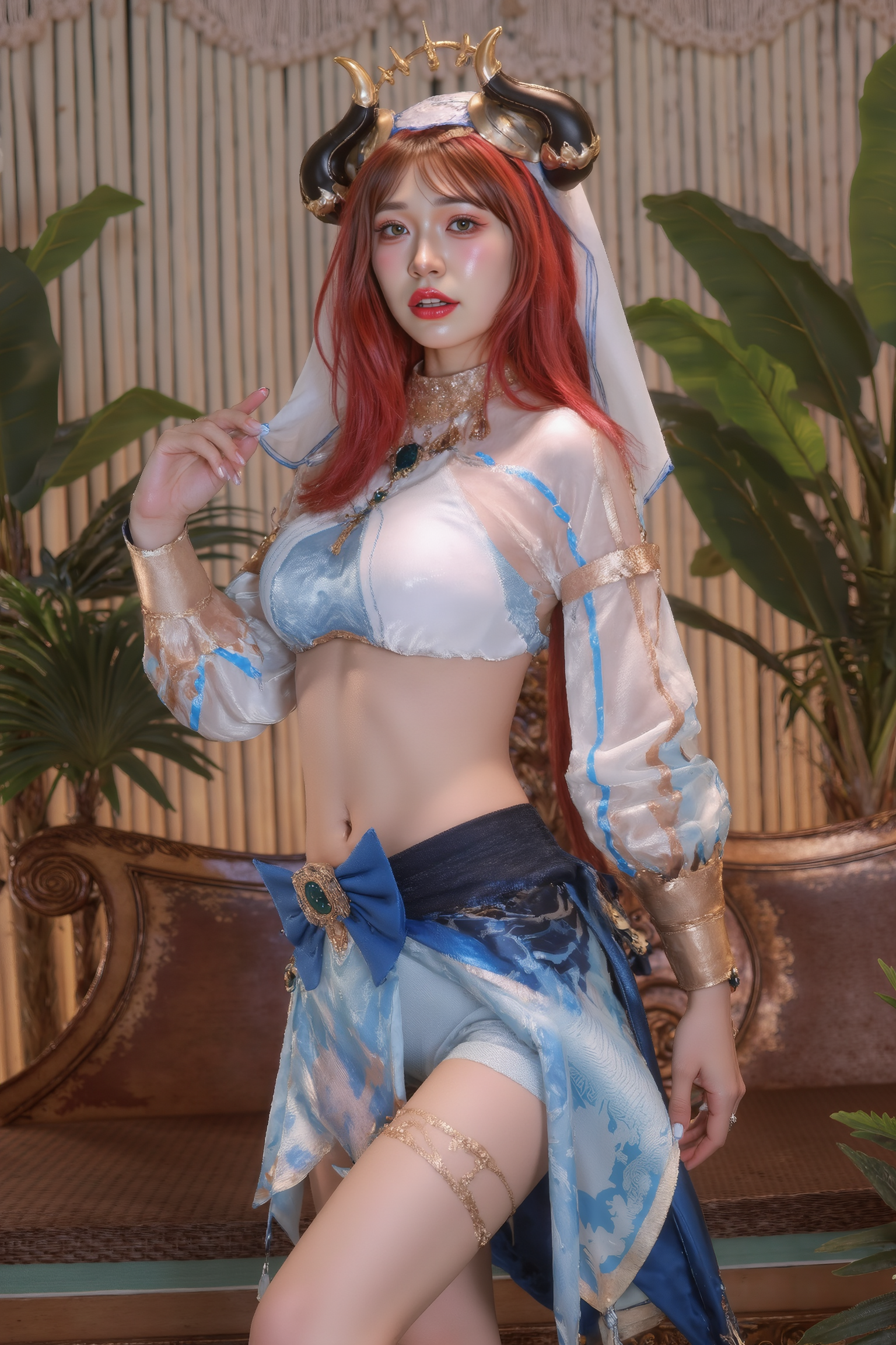 Professional portrait capturing a young woman standing tall with hands gracefully resting on her hips. Her posture is strong yet feminine, with a gentle bend in one knee adding dynamic lines to her silhouette. Soft, directional lighting highlights the contours of her figure, showcasing poise and strength.

She is wearing a blue and white SGWN59Clothing with horns. Her makeup is dramatic, with dark eyeliner and bold, glossy pink lips. 

The lighting features a high-contrast, monochromatic white color scheme that creates a moody, intimate atmosphere. 

The photography technique uses what appears to be soft lighting to create a glamorous effect, with careful attention to highlighting contours while maintaining the dominant light brown color scheme throughout the frame.

The overall aesthetic combines elements of fashion photography, traditional Asian visual motifs, and contemporary boudoir styling. The dramatic light brown lighting creates a cohesive visual theme that ties all elements of the composition together.

The white light emit on her to show her feature.