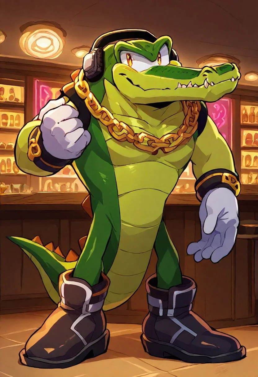 masterpiece, best quality, amazing quality, mascular, bara BREAK 1boy, solo, anthro, big male, anthro Crocodile, Vector the Crocodile, green skin, tail, headphones, gold chain necklace, white gloves, black boots, full body only, indoors, nightclub, neon lights, looking at view,