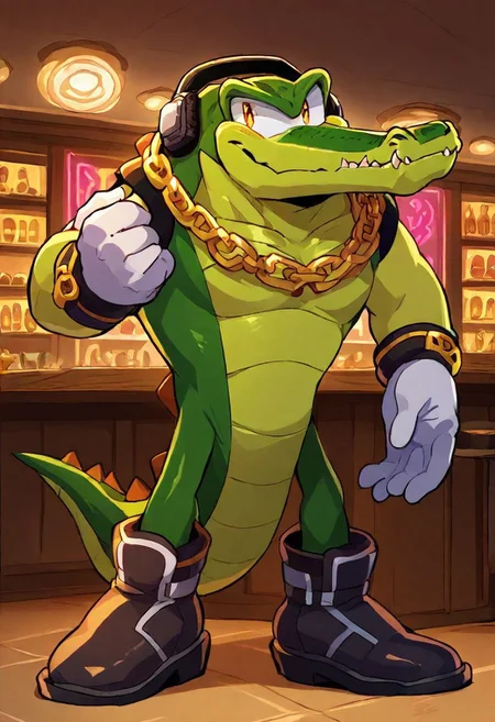 masterpiece, best quality, amazing quality, mascular, bara BREAK 1boy, solo, anthro, big male, anthro Crocodile, Vector the Crocodile, green skin, tail, headphones, gold chain necklace, white gloves, black boots, full body only, indoors, nightclub, neon lights, looking at view,