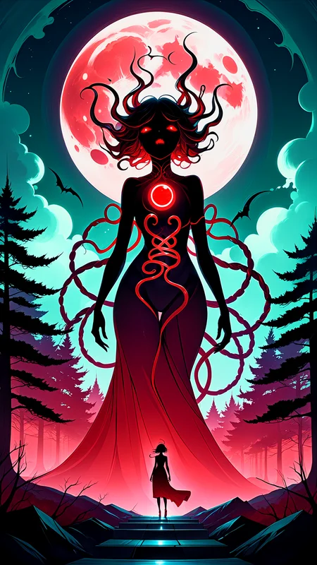 Scif vibes, Otherworldly, Cinematic, Ominous mountain, digital art, inspired by Cyril Rolando, digital art, blood red moon, forest, Japanese temple, beeple and jeremiah ketner, symmetrical digital illustration, realism | beeple, over detailed art, music album art, In a desolate, moonlit landscape, a lone figure emerges, their silhouette contorted and grotesque against the eerie glow, Closer inspection reveals a fusion of organic and mechanical elements and sinister tendrils of pulsating flesh intertwining with cold, metallic structures, The figure's skin appears as if it's unraveling, revealing glimpses of something otherworldly beneath, The air is thick with an otherworldly hum, and a sickly, iridescent light emanates from the aberrant fusion, This image prompt invites exploration into the realm of body horror, prompting creative minds to unravel the unsettling narrative within this grotesque tableau